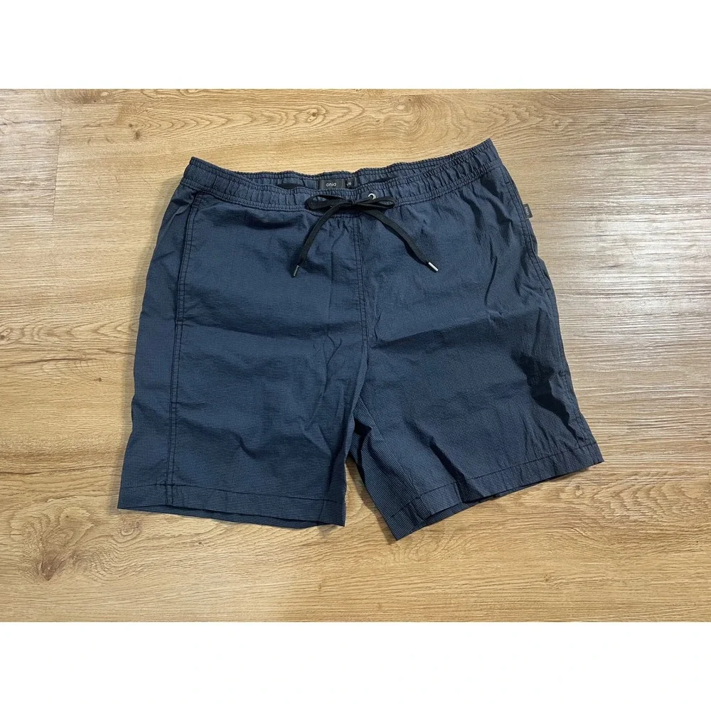 Onia Mens L Swim Trunks Navy Blue Micro Print Drawstring Swim Shorts